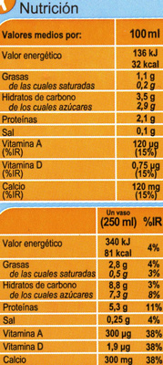 Bebida de soja calcio ligera - Informació nutricional - es