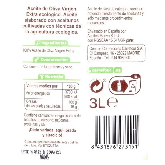 Aceite de Oliva Virgen Extra - Información nutricional