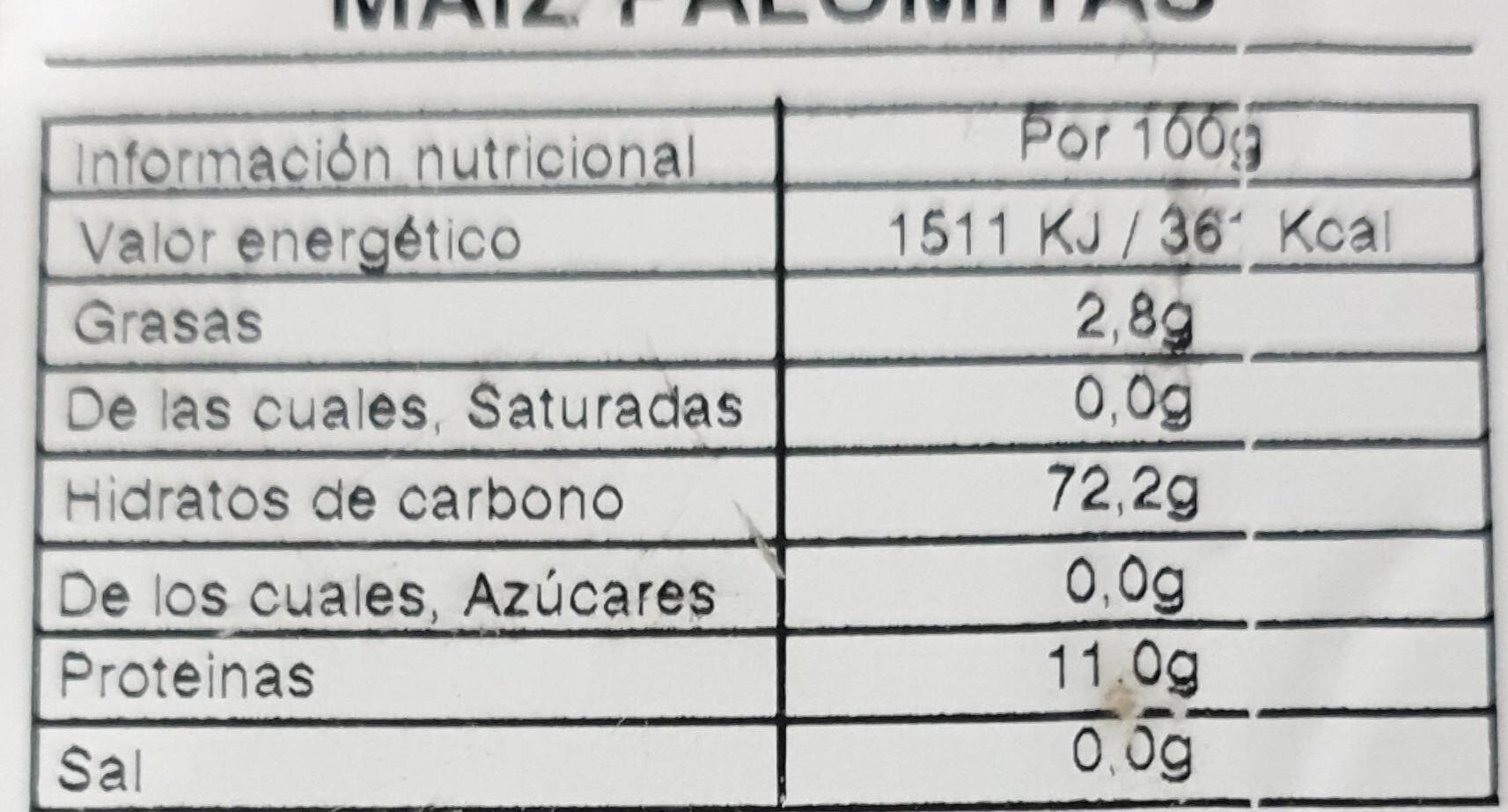 Palomitas de Maiz - Información nutricional