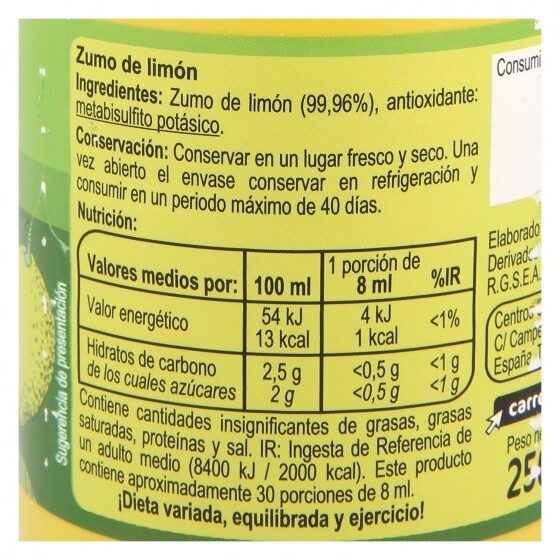 Limon exprimido - Información nutricional