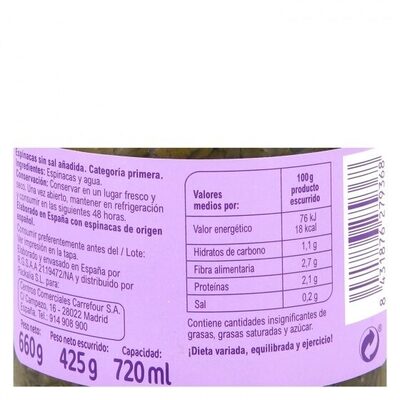 Espinacas sin sal añadida - Nutrition facts - es