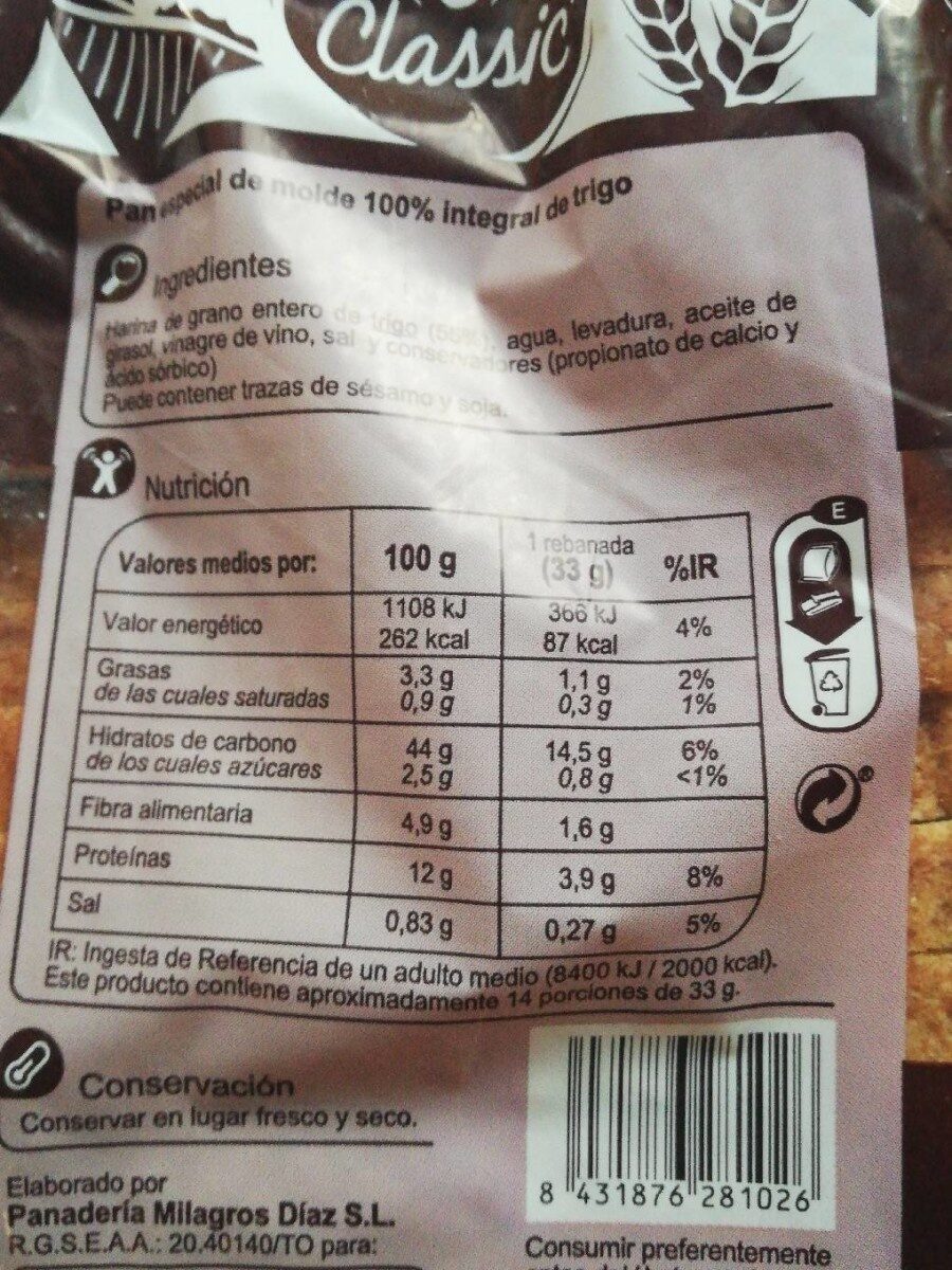 Pan molde 100% integral 0 %azúcares - Informació nutricional - es