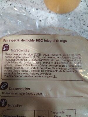 Pan de molde 100% integral con corteza - المكونات - es