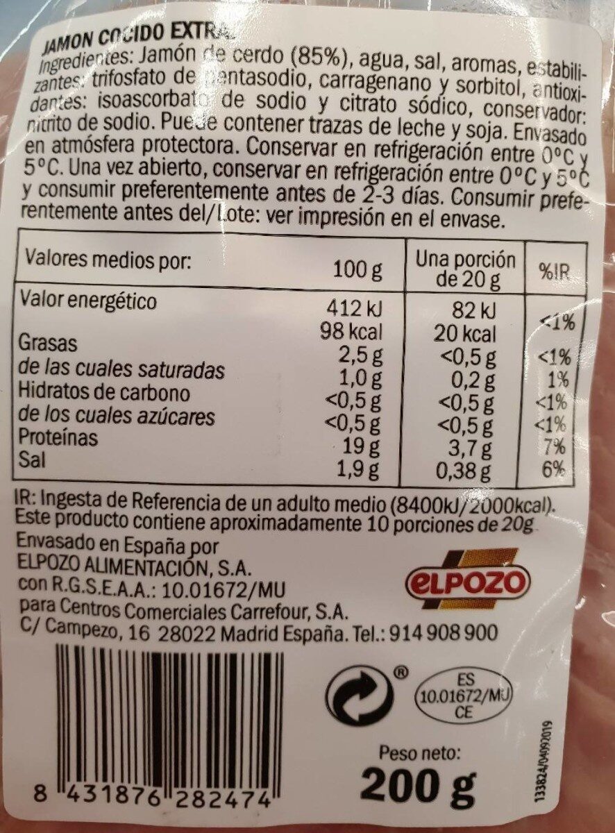 Jamón Cocido Extra Finas Lonchas - Tableau nutritionnel - es