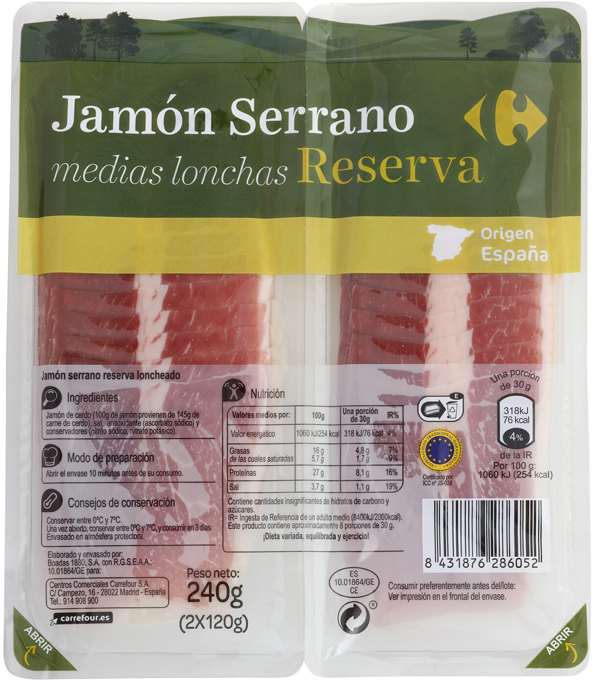Jamon Serrano Reserva Medias Lonchas - Produktua - es