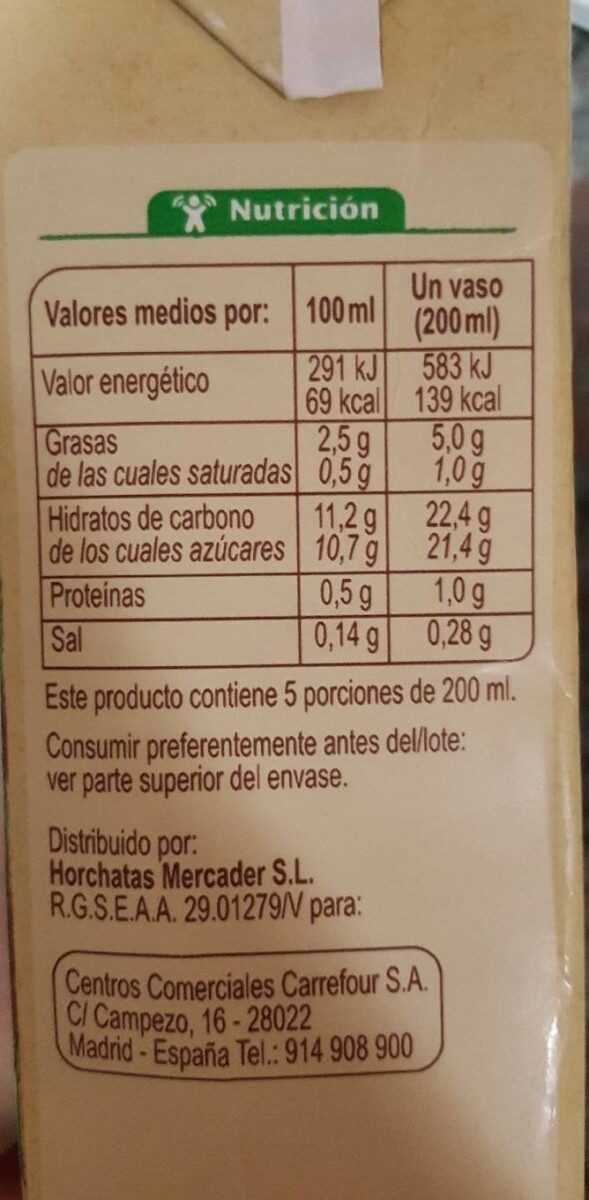 Horchata De Chufa - Informació nutricional - es