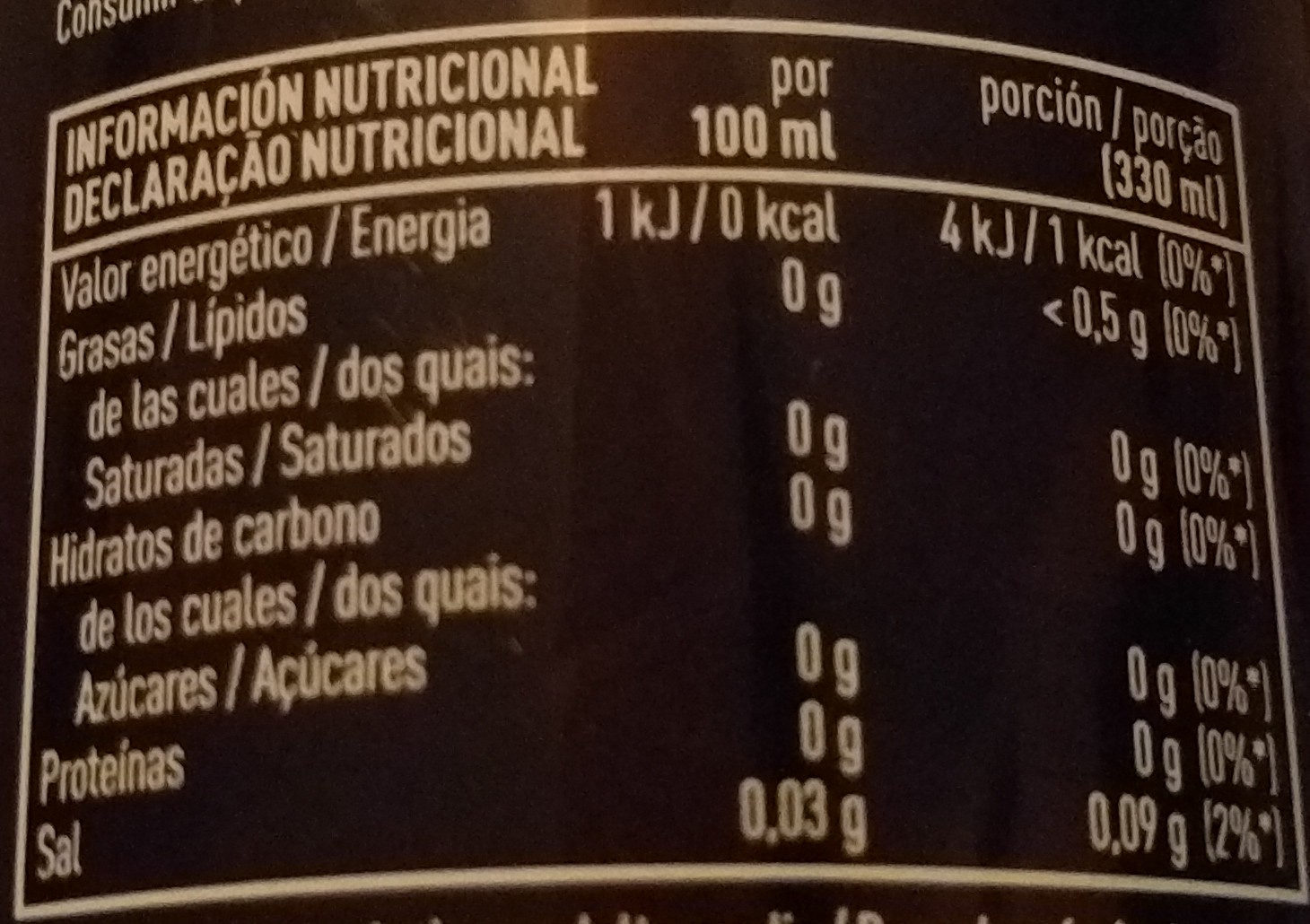 Zero refresco de cola - Información nutricional