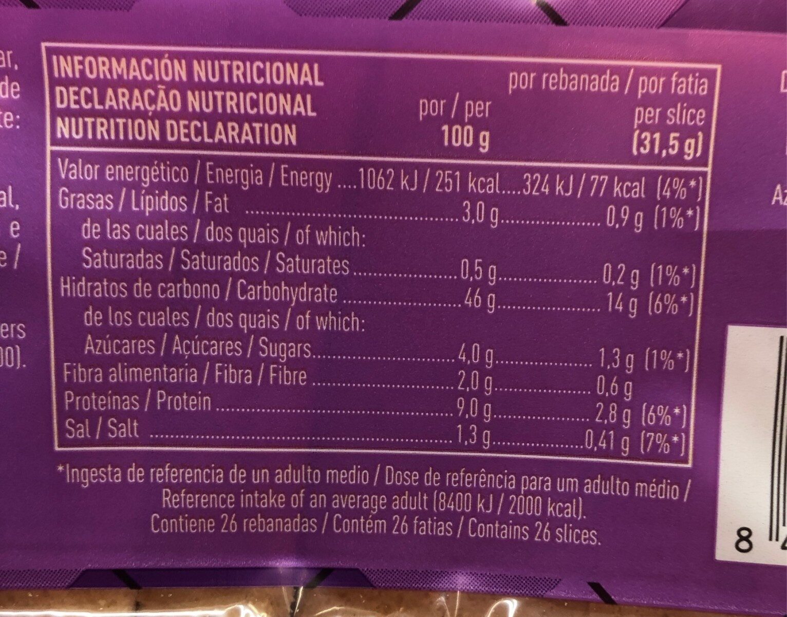 Pan de molde con corteza original - Nutrition facts - es