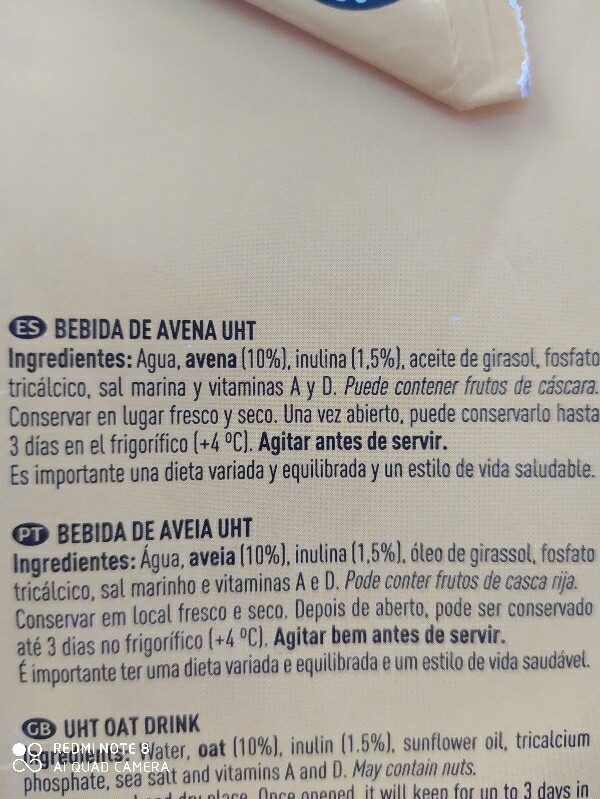 Special Line, bebida de avena UHT - Ingredients - es