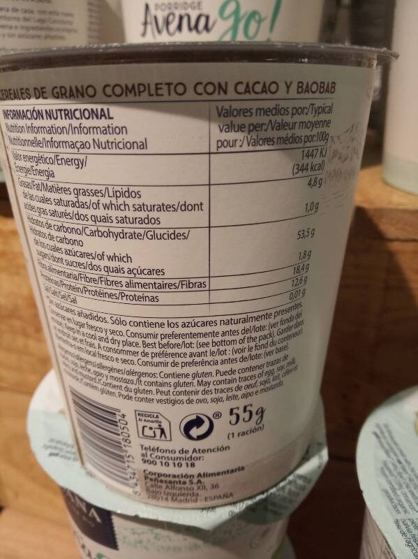 Porridge Avena Go Cacao y Baobab - Informació nutricional - es