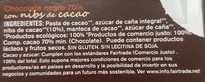 Chocolate con nibs de cacao ecológico comercio justo 70% cacao - Ingredients - es