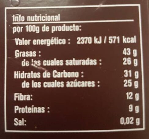 Chocolate con nibs de cacao ecológico comercio justo 70% cacao - Informació nutricional - es