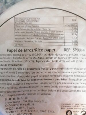 Rice paper - Información nutricional