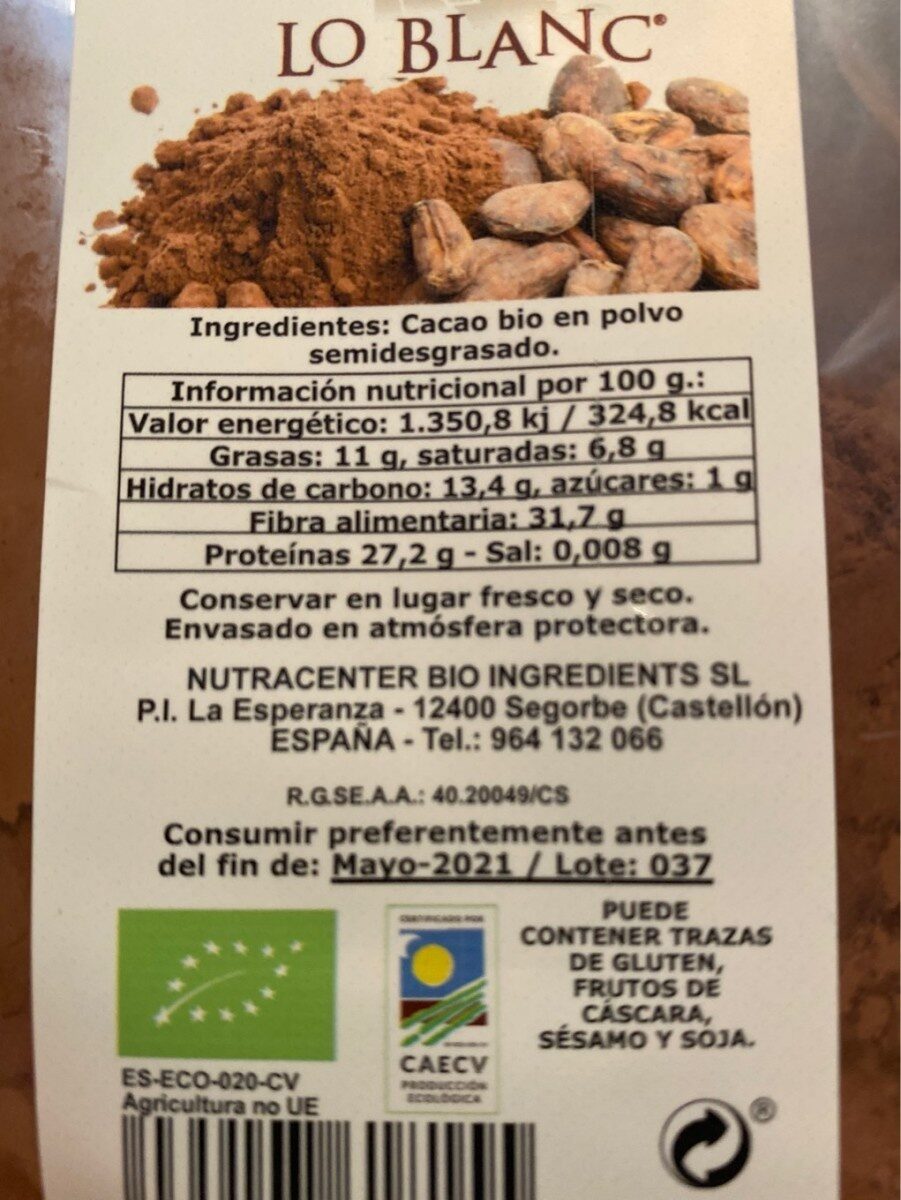 Cacao ecologicolo lo blanc - Informació nutricional - es