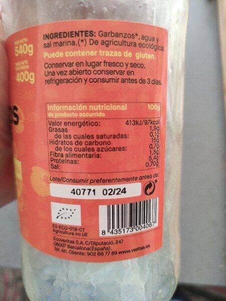 Garbanzos Cocidos Eco 540G - Ingredients - fr