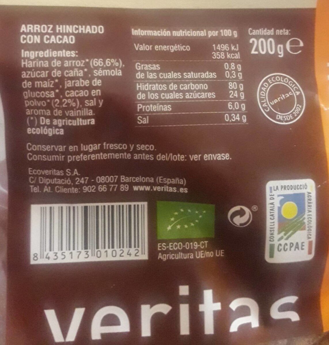 Arroz inflado con  cacao - Nutrition facts - es