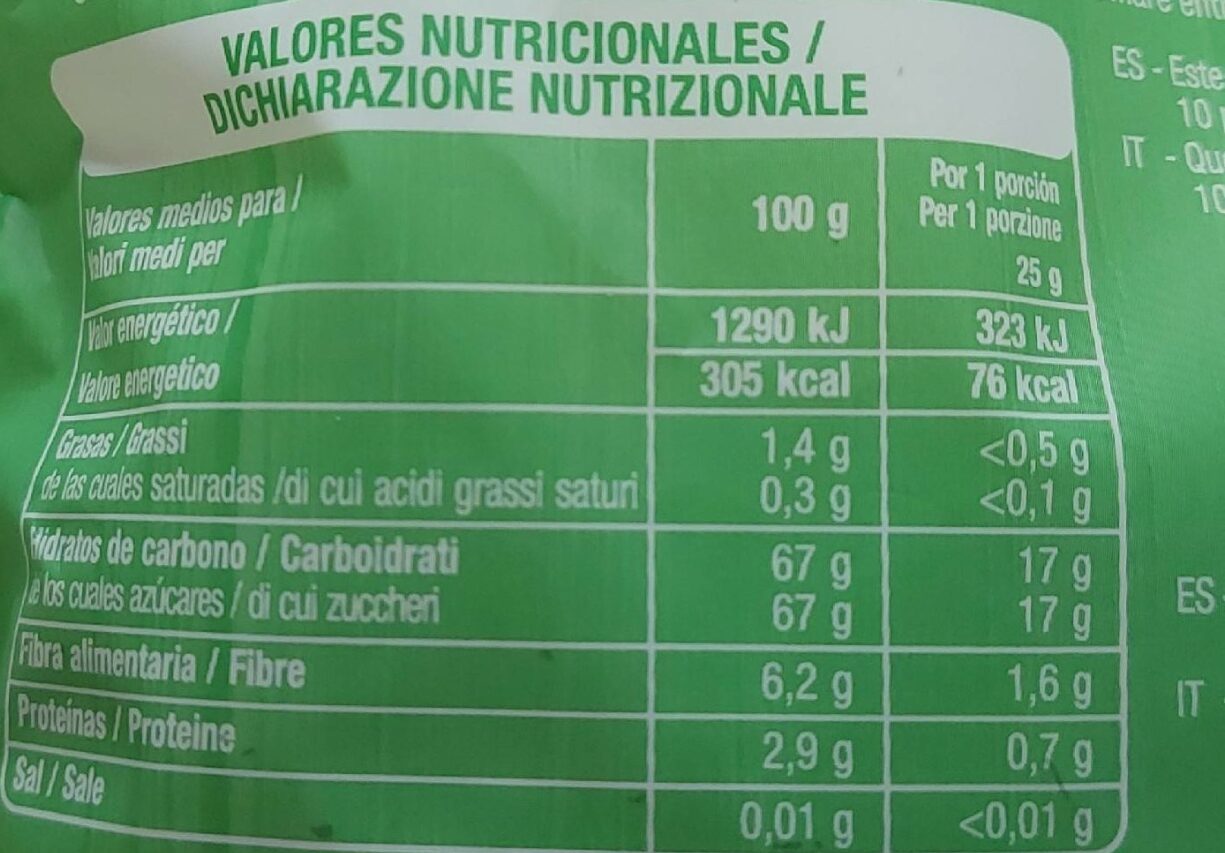 Pasas Moscatel - Dados nutricionais - es