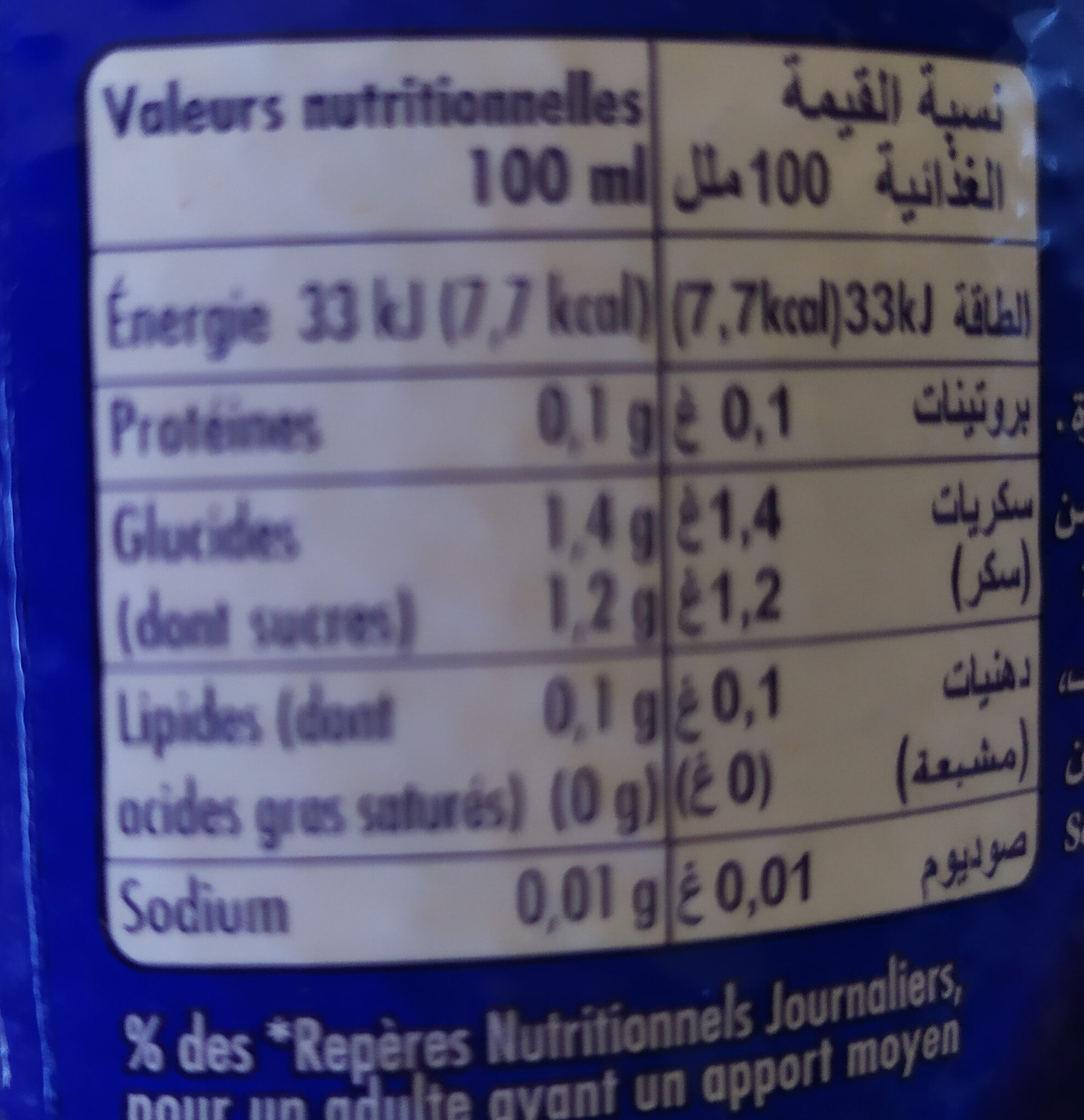 Orangina zero - Tableau nutritionnel