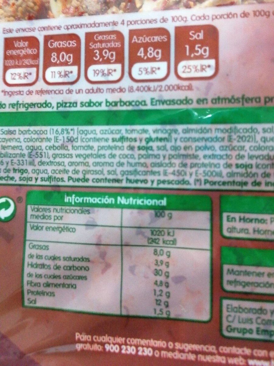 Pizza Barbacoa - Información nutricional
