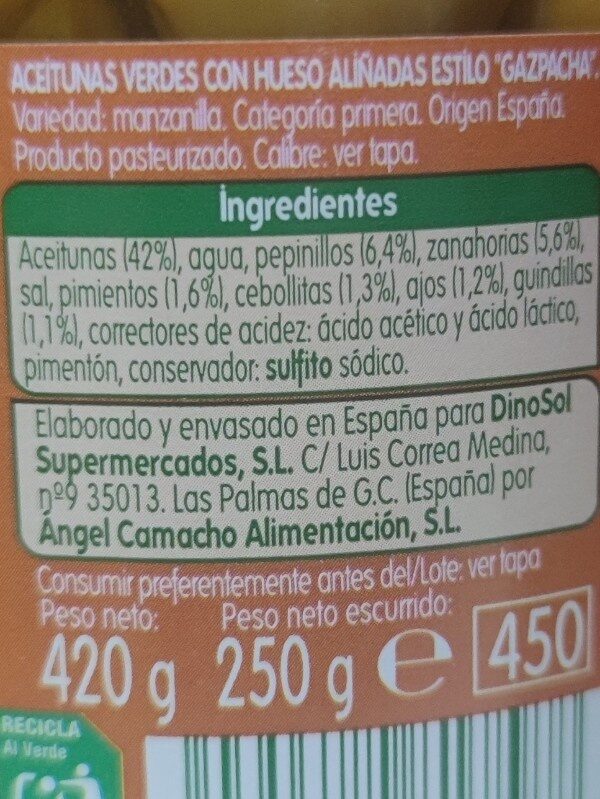 Aceitunas verdes manzanilla con hueso gazpacha - Ingredients - es