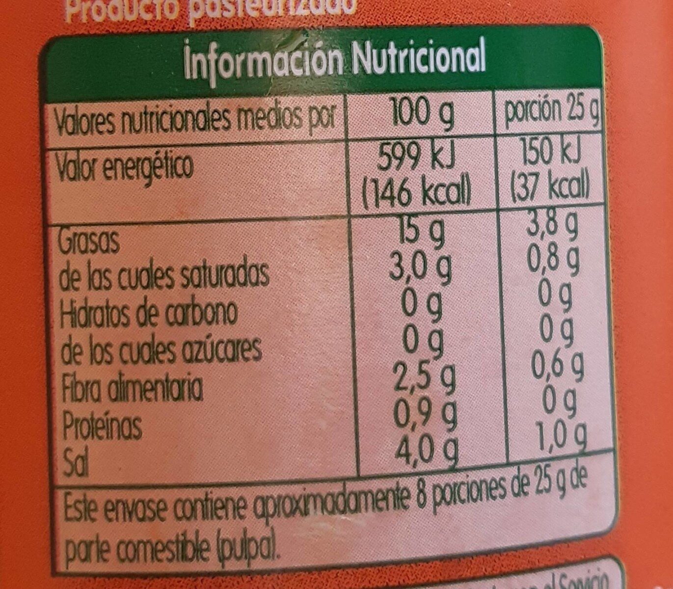 Aceitunas verdes manzanilla con hueso gazpacha - Nutrition facts - es