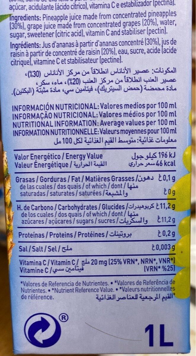 Nectar de piña y uva - Nutrition facts - fr
