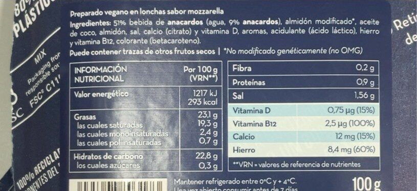 Lonchas mozzarella vegan - Informació nutricional - es