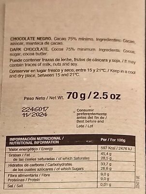 Chocolate negro 75% - Informació nutricional - es