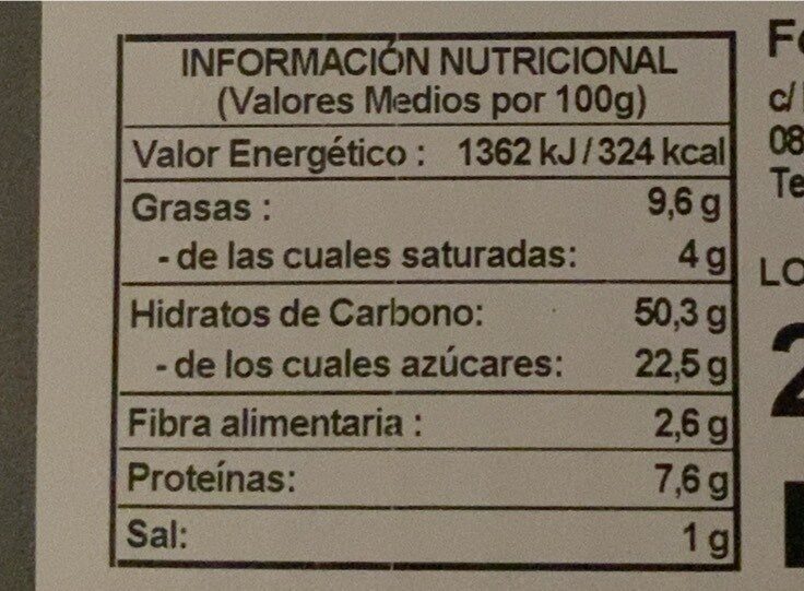 Coca de briox con crema - Información nutricional