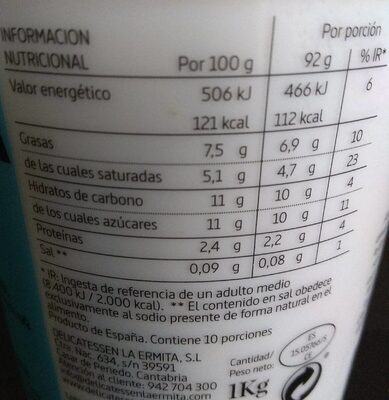 Yogur Natural cremoso Azucarado - Informació nutricional - es