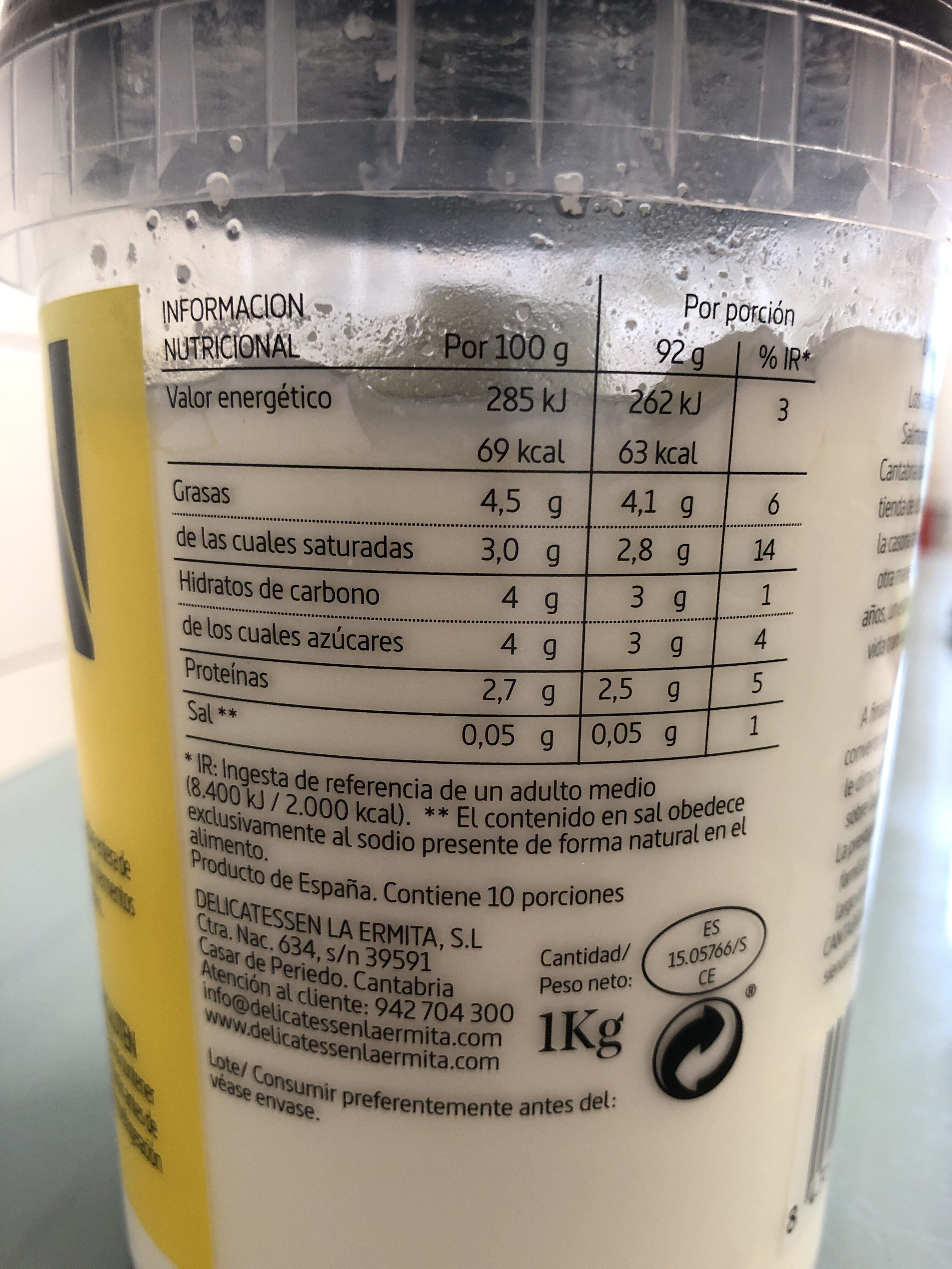 Yogur natural - Información nutricional