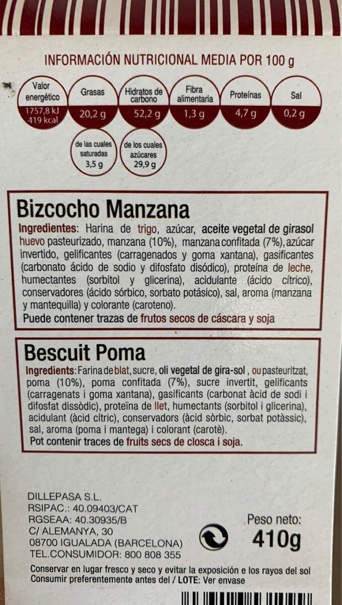 Bizcocho manzana - Nutrition facts - es