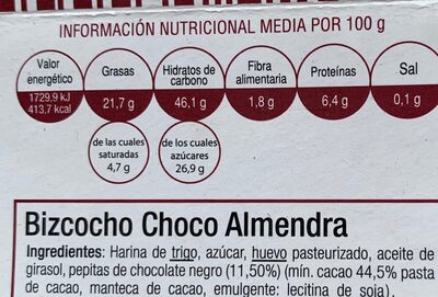 Bizcocho choco-almendera - Nutrition facts - fr