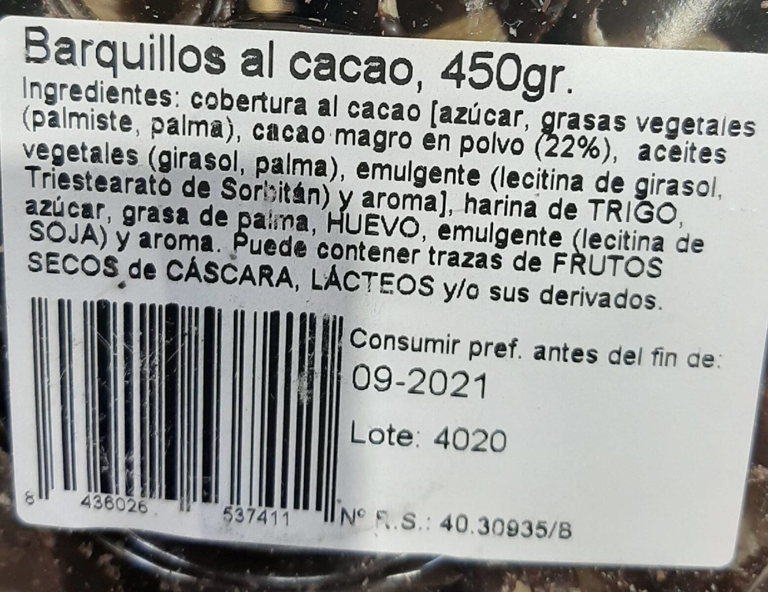 Barquillos al cacao - Nutrition facts - es