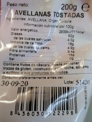 Avellanas Tostadas - Nutrition facts - es
