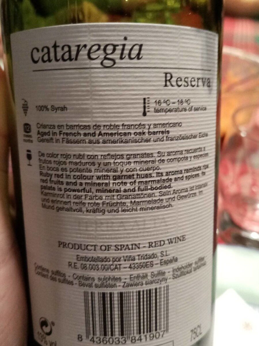 Vin Cataregia - Tableau nutritionnel