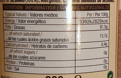 Aceite de sesamo botella 200 ml - Nutrition facts