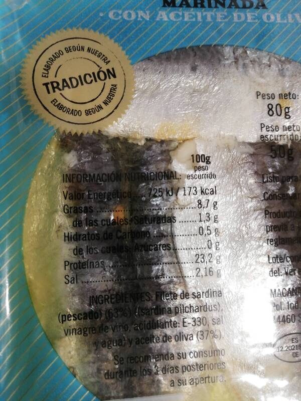 Filetes de sardina marinada con aceite de oliva Brui Mar - Voedingswaarden - es