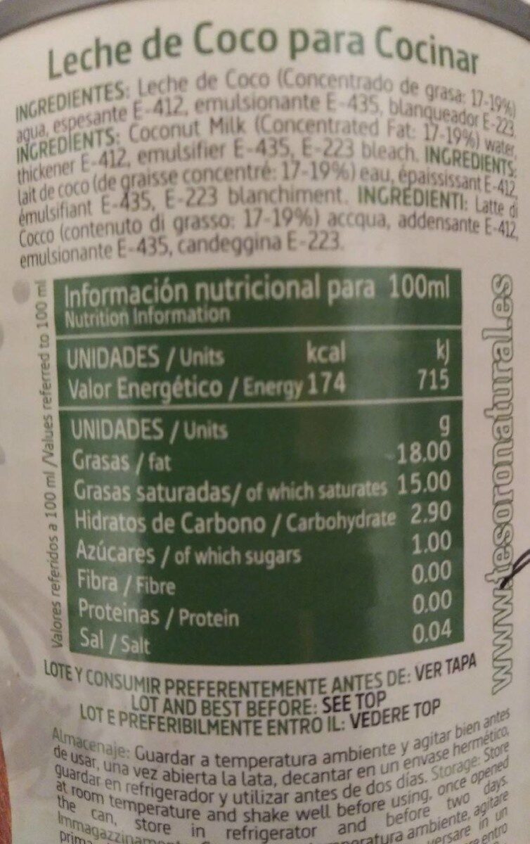 Coconut milk - Nutrition facts - es