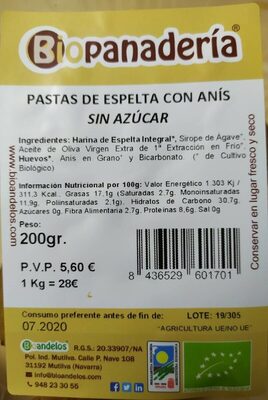 Pastas de Espelta con Anís (sin azúcar) - Voedingswaarden - es