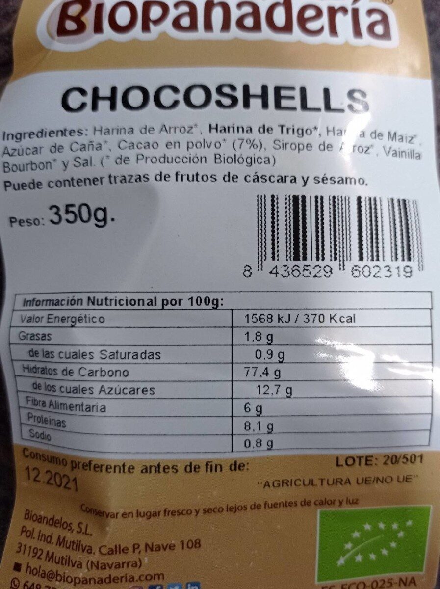 Chocoshells Biopanaderia - Nutrition facts - es