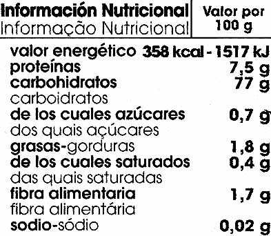 Fusilli de maíz - Informació nutricional - es
