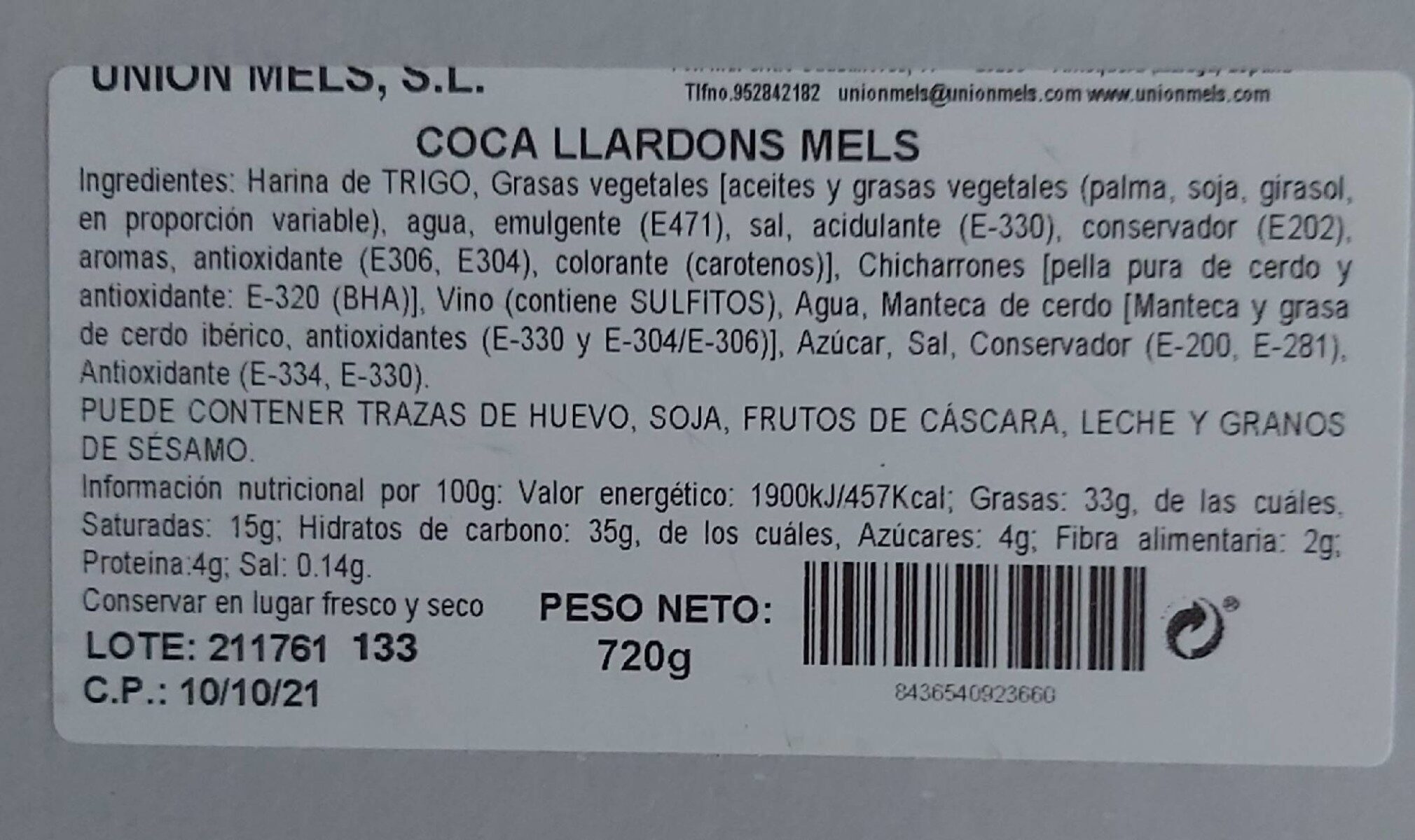 Coca de chicharrones - Información nutricional
