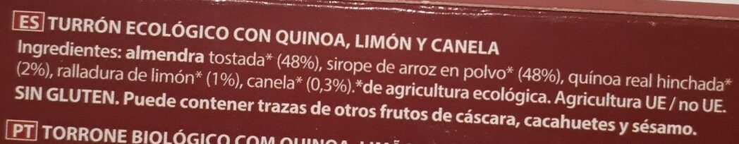 Turrón Quinua Real con limón y canela - Ingredients - es