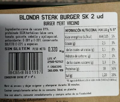 Blonda steak burger - Nutrition facts - es