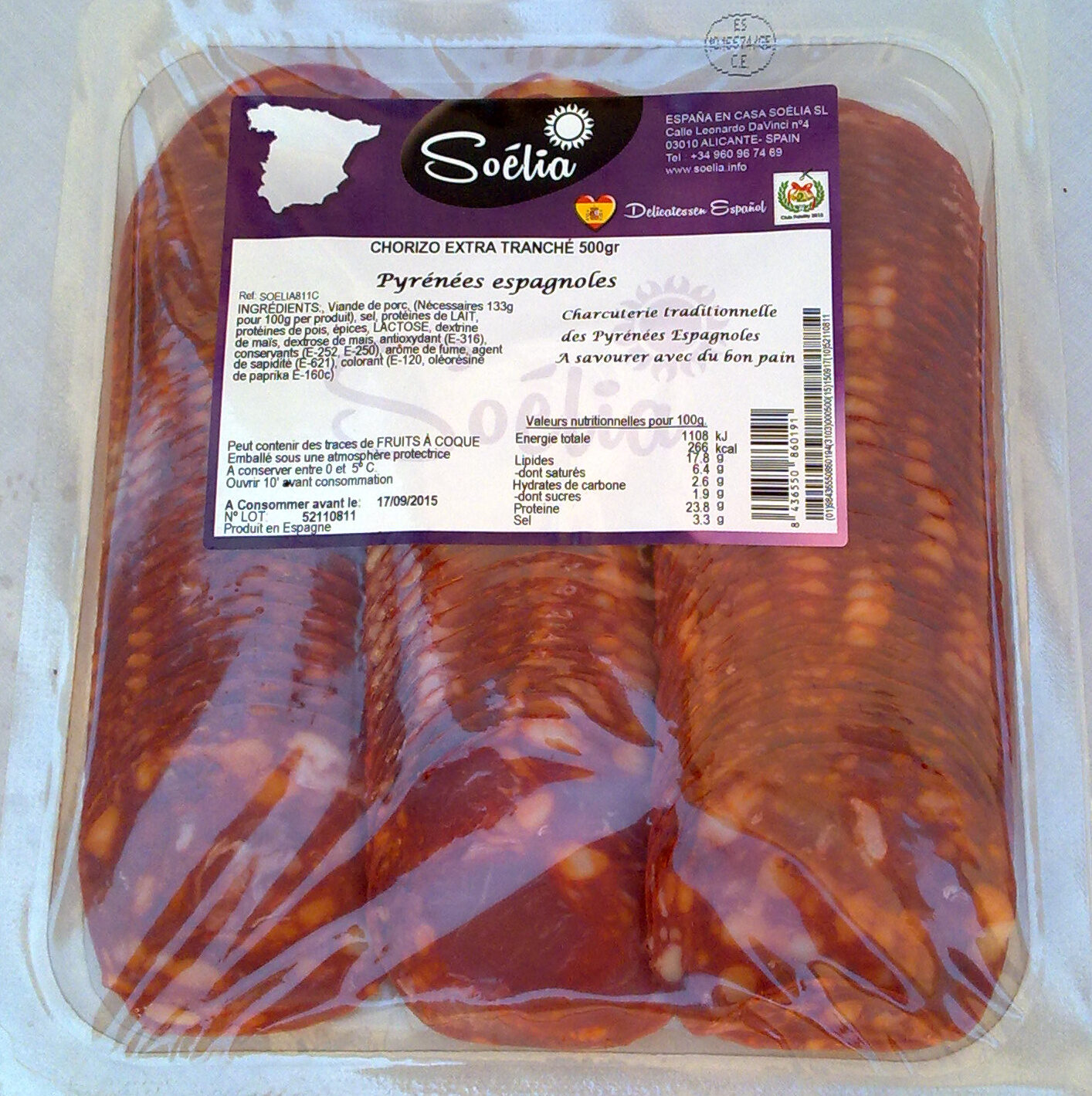 Chorizo extra tranché 500gr - Pyrénées espagnoles - Soélia - Product - fr