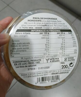 Piña deshidratada - Informació nutricional