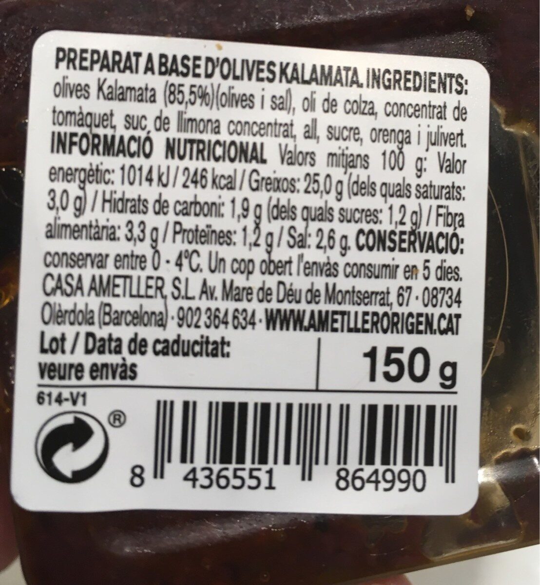 Tapenada Olives Kalamata - Informació nutricional - es