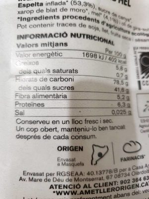 Blat espelta inflat amb mel - Informació nutricional