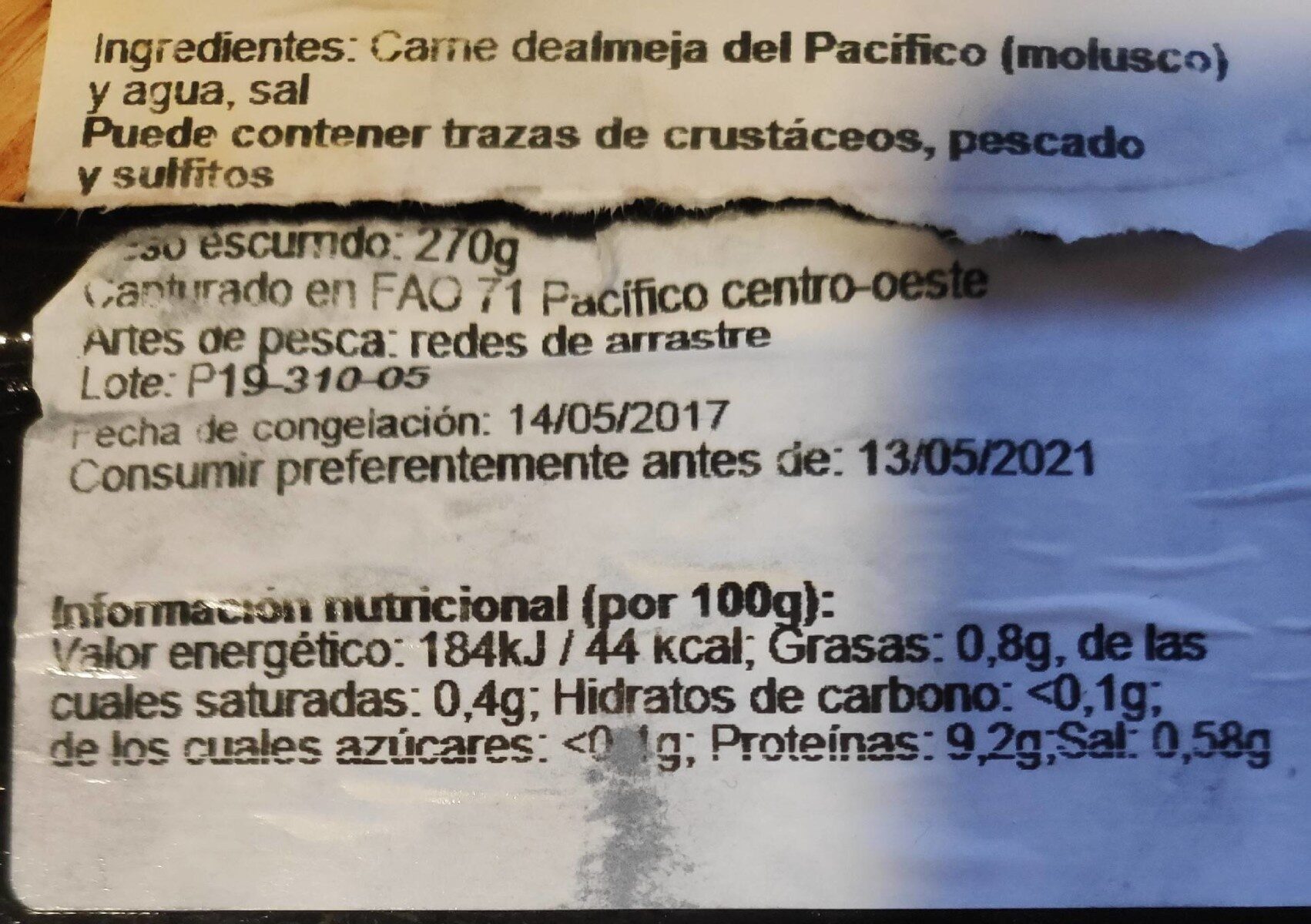 Carne de almeja del Pacífico - Informació nutricional - es